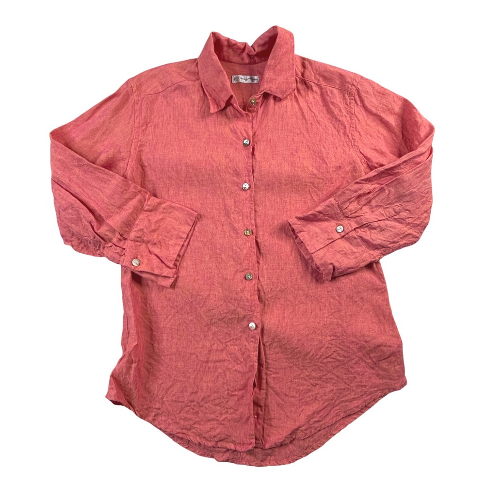 Jill McGowan Coral Pink Linen Button Down Shirt 3/4 Sleeve Womens Blouse